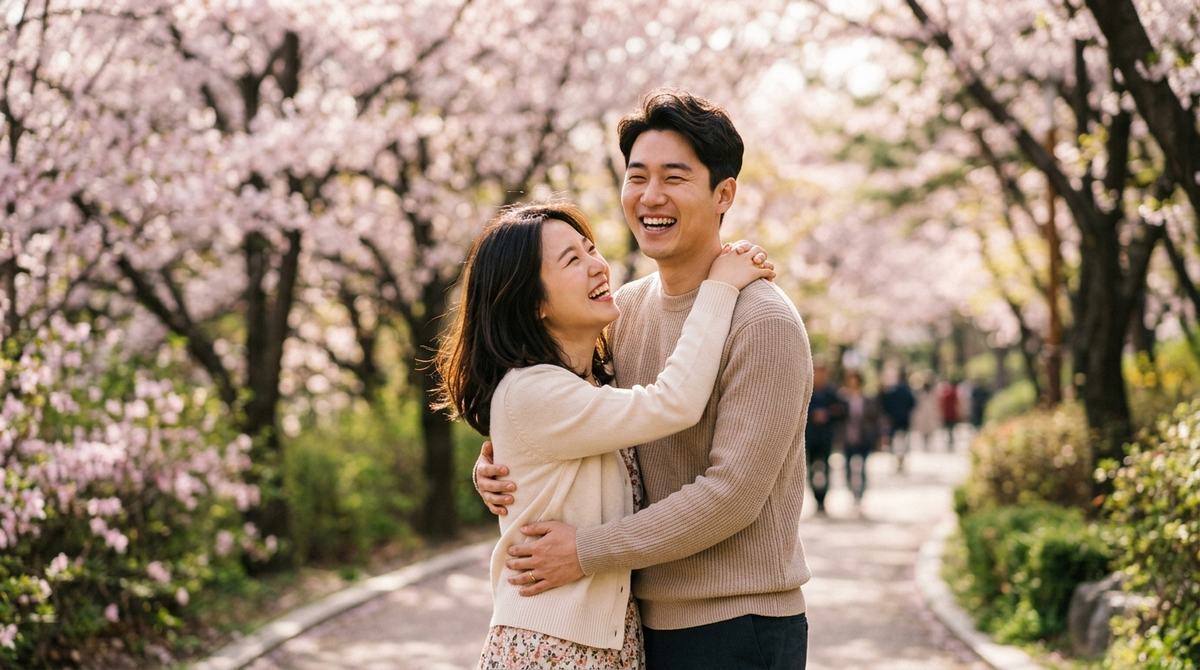 벚꽃길에서 마주 보며 웃고 있는 커플