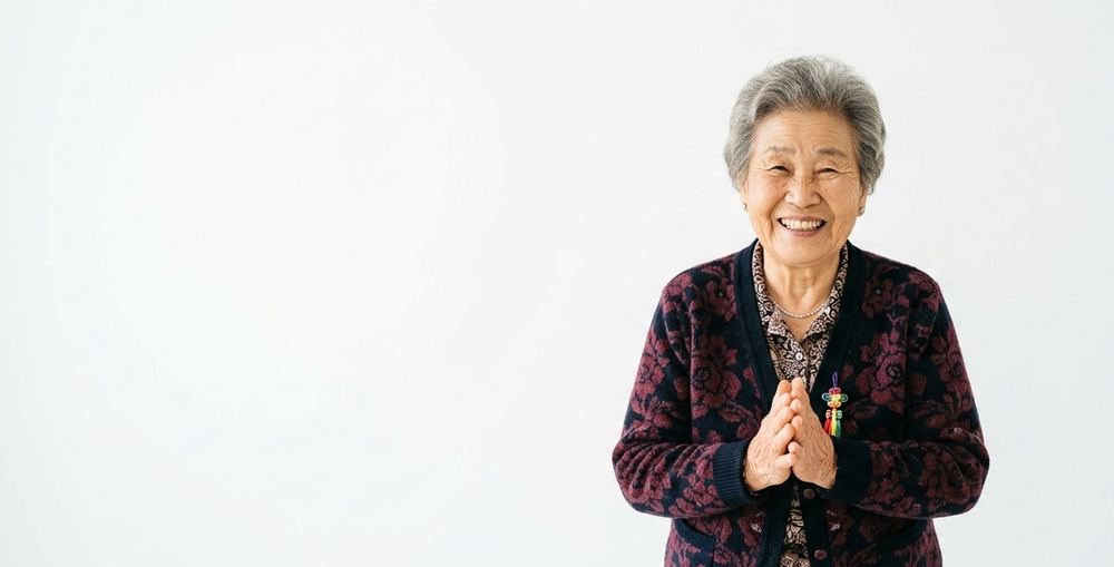 두 손을 모으고 환하게 웃고 있는 중매 할머니